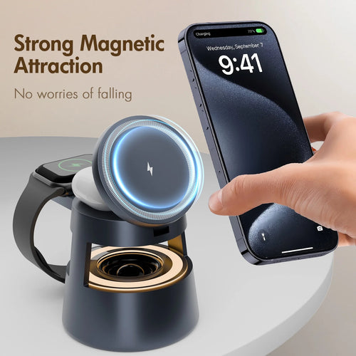 5 in 1 Wireless Charging Station, 15W Fast Charging Wireless Charger for Iphone Airpods Iwatch with Magsafe,Bluetooth Speakers,Mushroom Light Compatible with Iphone 8 and above Series